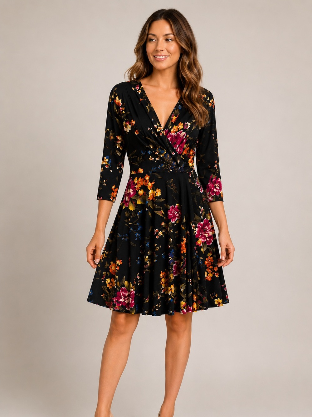 Black Floral Faux Wrap Dress | Size Small | 3/4 Sleeve